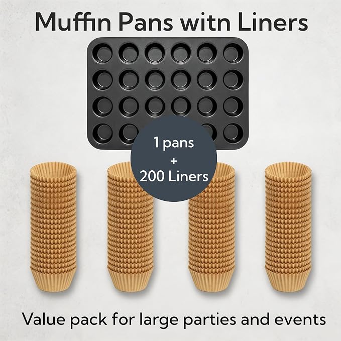 Artcochan 1 Pack Mini Muffin Pan with 200 Cupcake Liners for Baking, 24 Cup Nonstick Carbon Steel Cupcake Pan,Mini Muffin Tin for Baking Supplies