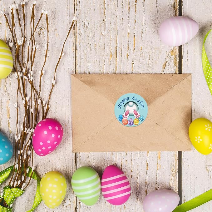 Louise Maelys 500 Pcs Easter Stickers Roll, 1.5 Inch Cute Egg Bunny Rabbit Holiday Lable, Happy Easter Adhesive Decoration Round Labels for Baking Card Gift Wrapping Envelope Craft Making