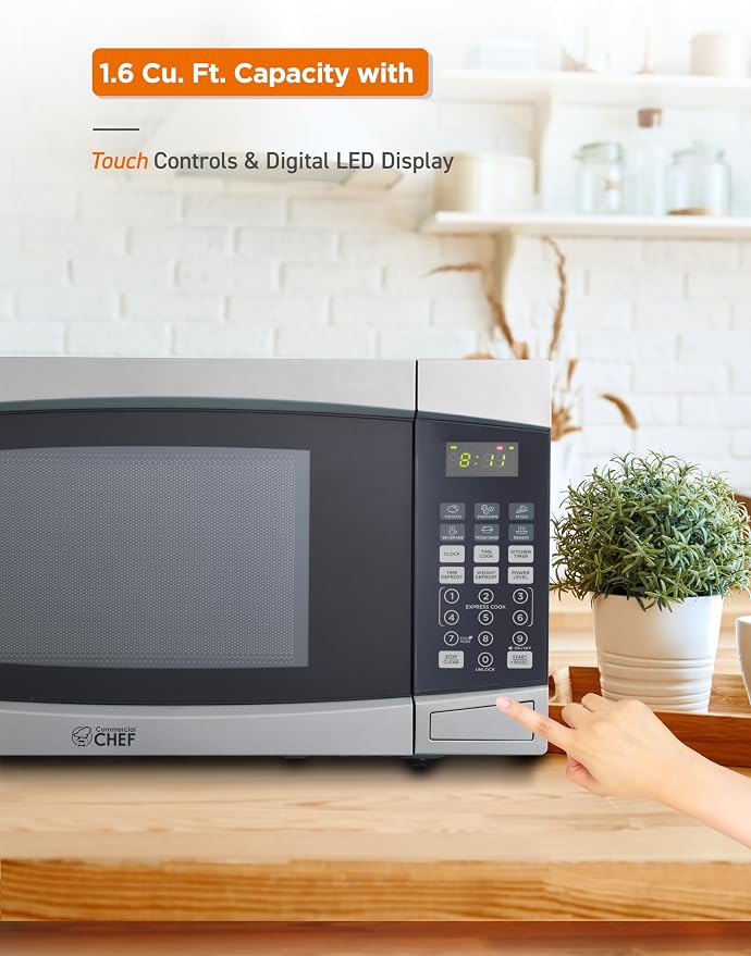 COMMERCIAL CHEF 1.6 Cubic Foot Microwave with 10 Power Levels, Small Microwave with Push Button, 1000 Watt Microwave with Digital Control Panels, Countertop Microwave with Timer, Stainless Steel