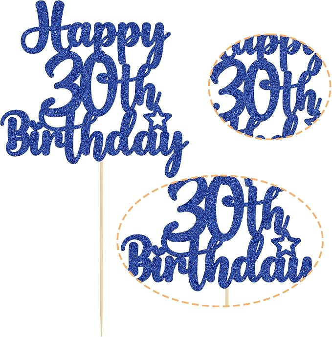 Gyufise 1Pc Happy 30th Birthday Cake Topper Glitter 30 & Fabulous 30th Birthday Cake Pick for Celebrating 30th Birthday Anniversary Party Cake Decorations Supplies Blue