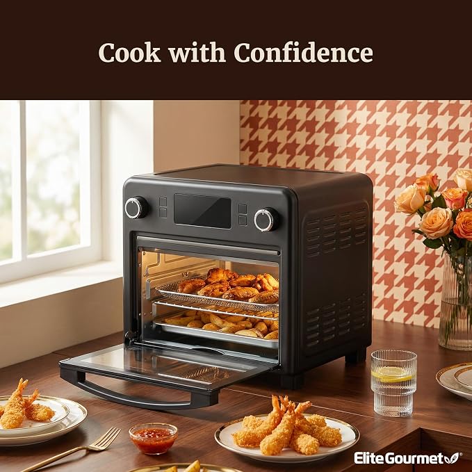 Elite Gourmet EAF9320 23L Air Fryer Toaster Oven, 10-in-1 Digital Convection Countertop Oven, Dual Fan Speeds, Air Fry, Bake, Broil, Toast, Dehydrate, 1600W w/Air Fry Rack, Bake Rack & Pan, Black