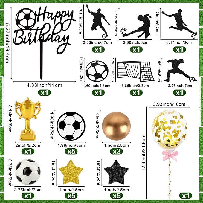 Hooqict 28Pcs Soccer Cake Decorations Set with Mini Balls, Players, Goal, Balloon, Soccer Ball Cake Toppers & Cupcake Toppers for Kids Boys Men Sports Themed Birthday Party Decorations Supplies