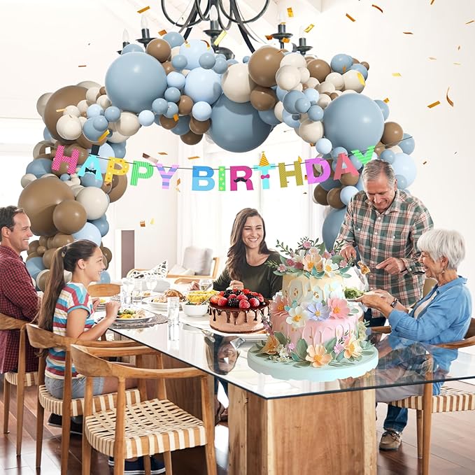 Premium 136pcs Dusty Blue & Brown Balloon Arch Kit – 18/12/10/5 Inch Neutral Sand White Balloons for Bear Baby Shower, Woodland Gender Reveal, Boho Wedding Party Decor