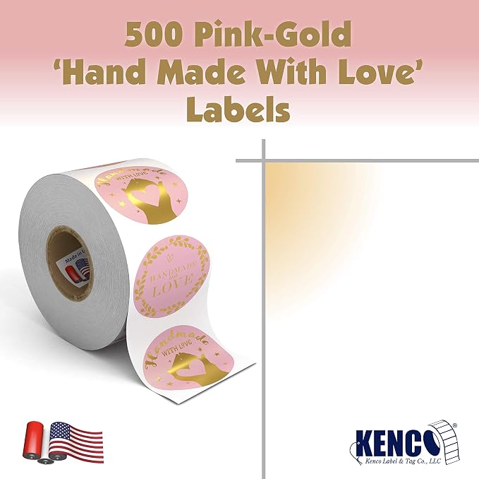 Kenco 1.5" Inch Handmade with Love Stickers, Made in The USA! for Envelopes, Boxes, Packaging and More - 500 Labels Per Roll (2 Pack 1,000 Stickers, Pink and Gold FOIL)