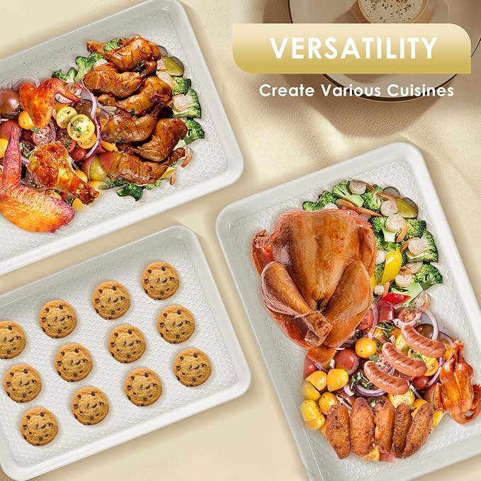 Baking Sheet Pan Set of 3, Nonstick Carbon Steel Cookie Sheets with Texture | Commercial Half/Quarter/Jelly Roll Pans Replacement Toaster Oven Tray, Heavy Duty & Easy Clean, White