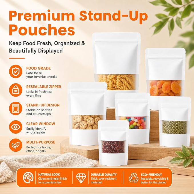 100 Pcs White Kraft Paper Bags with Window, 7.1" x 10.2" Stand Up Pouches Bags, Food Storage Bags for Packaging Products, Reusable, Sealable