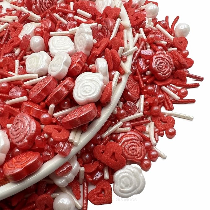 SE Si&Moos Valentine Sprinkles Edible Red and White Roses for Cake Decorating Heart Confetti Red and White Sprinkles for Cake Decorations, Baking, Ice Cream, Cookies, Cupcake Toppers Party Baby Shower Holiday Supplies 3 OZ