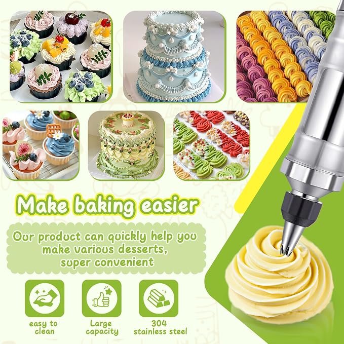NOVANO Dessert Decorating Syringe Set, Black | Frosting Piping Kit, Stainless Steel, 54 Piping Tips, 9 Silicone Cupcakes