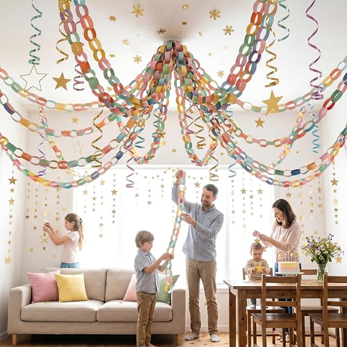 Macaron Pastel Paper Chain & Mirror Star Garland Kit with Double-Sided Tape, Pre-Cut 10 Colors Strips. Ideal for Birthday, Baby Shower, Wedding & Party Decor. (800, 1 x 8.27 Inches)