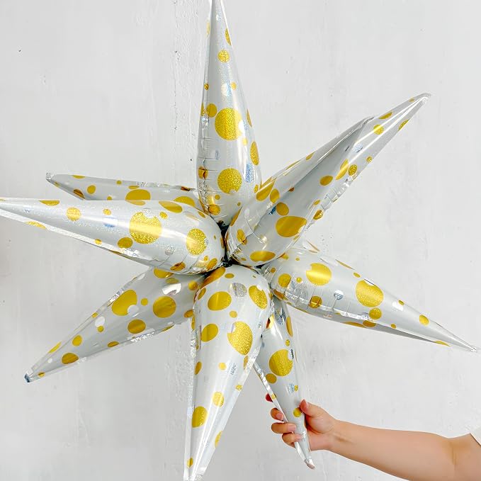 3Pcs Platinum Polka Dot Explosion Pointed Star Foil Balloons32-inch/Elegant White & Silver Metallic Decoration forChristmas, New Year, Birthday, Wedding, Celebration Party(3 PCS Platinum Polka Dots)