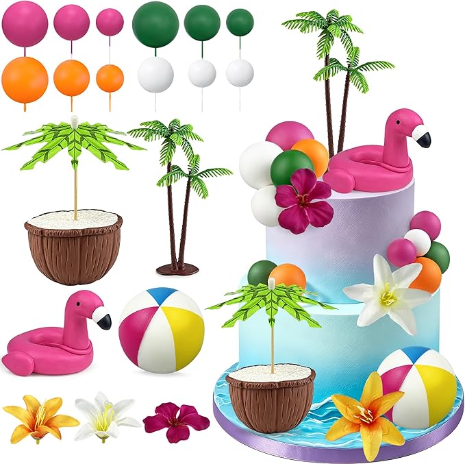 20 PCS Hawaiian Beach Cake Decorations Set Summer Tropical Cake Topper with Flamingo Rainbow Coconut Tree for Hawaiian Party Beach Theme Party Decor