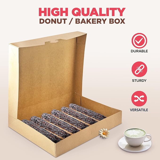 Fit Meal Prep 18 Pack Donut Box 15x11.5x2.25 Auto-Popup Macaron Boxes - Large Kraft Brown Boxes for Baked Goods, Cookies, Breads, Cupcakes, Pizza Durable, Convenient Pastry Box for Home and Bakery