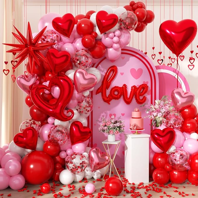 171pcs Valentines Day Balloons Garland Arch Kit, Pink White Red Confetti Heart Balloons Love & Star Foil Balloons Rose Petals for Birthday Wedding Anniversary Galentine's Day Party Decorations