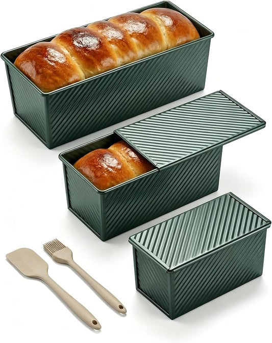 CARTMAN 3-Piece Pullman Loaf Pan with Lid Set – Non-Stick Carbon Steel Bread Pan with Bottom Vents – Includes Large (12"), Medium (8") & Mini (7") Sizes plus Silicone Tools – Sage Green