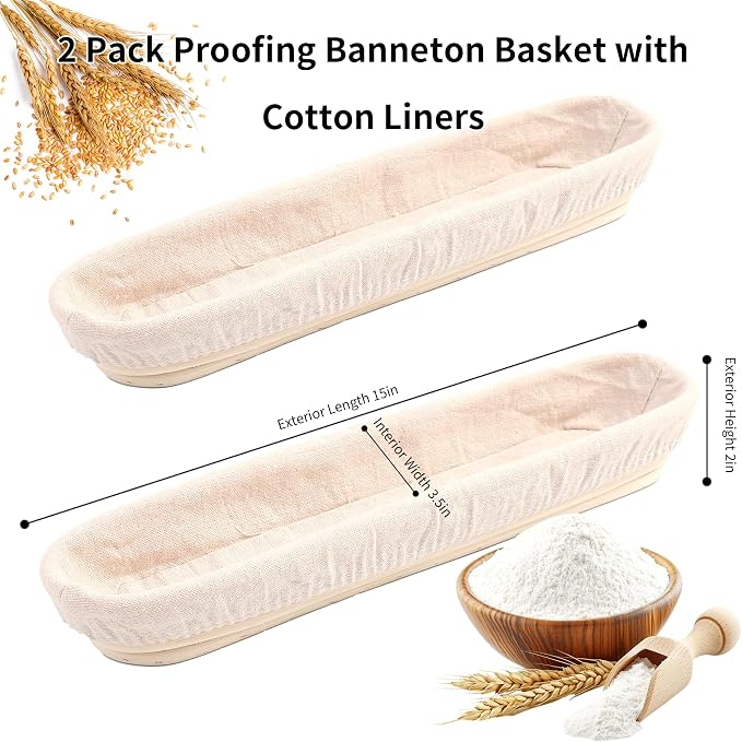 Banneton Bread Proofing Basket - 15 Inch Baguette Sourdough Bread Basket with Liner - Set of 2- Natural Rattan-Mother's Gifts
