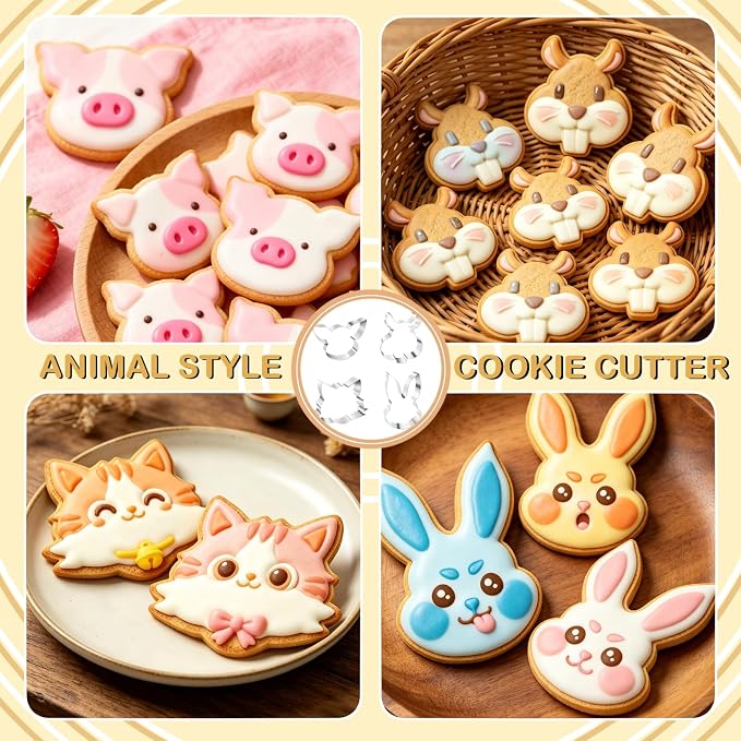 4 Piece Animal Cookie Cutters, 3.5" Large Cute Cookie Cutters Set with Hamster, Cat, Pig, Rabbit for Animal Birthday Party Supplies