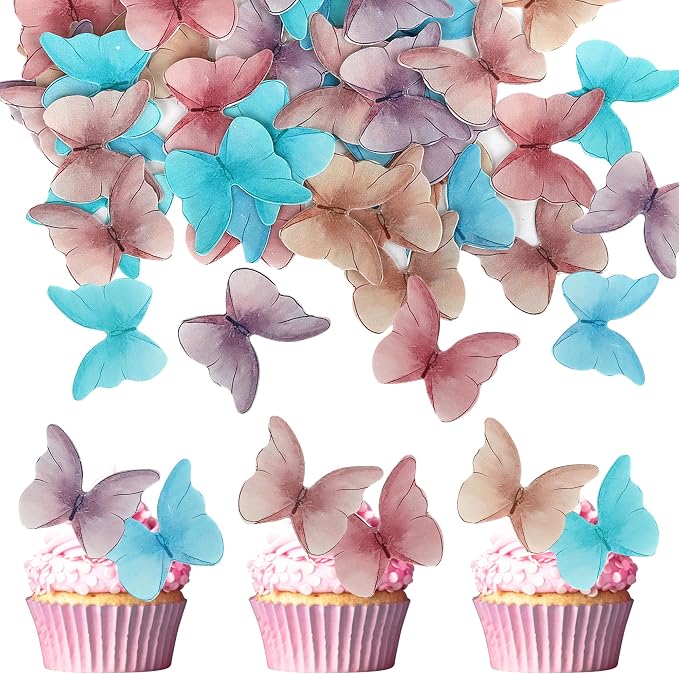 48PCS Edible Butterfly Cupcake Toppers - Edible Wafer Paper Butterfly Cake Decorations for Baby Shower, Birthday, Wedding Parties - Colorful