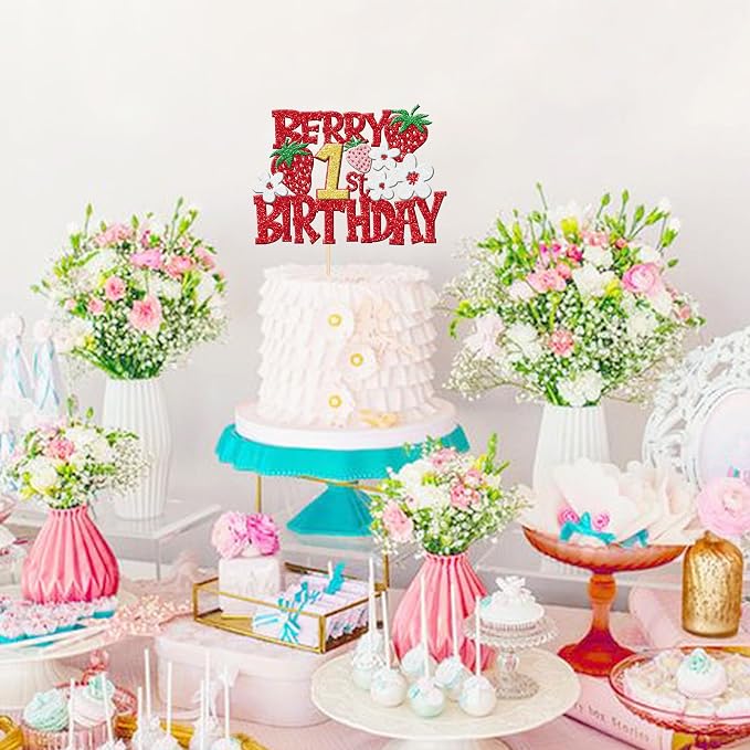1 PCS Berry 1st Birthday Cake Topper - Red Glitter Flower Fruit Sweet One Strawberry Cake Pick - First Birthday Cake Decoration for Baby Shower Party Decorations Supplies