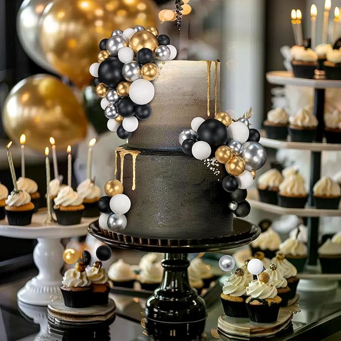 66 PCS Ball Cake Picks Black Silver White Gold 4 Sizes for DIY Baking Decoration Cupcake Toppers and Wedding Anniversary Birthday