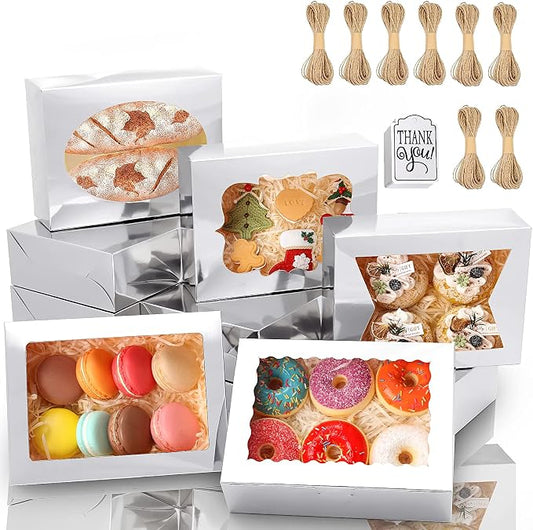 KPOSIYA 65 PCS 8x6x2.5 Inch Cookie Boxes with Window Silver Bakery Boxes Pastry Boxes for Gift Giving, Treat, Dessert, Cupcakes, Chocolate, Strawberries, Donuts, Muffins (5 Style Windows)