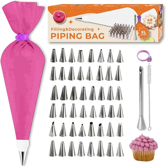 KneadEat 53PC Piping Icing Tips set - 48 SS Tips, 5.5" Injector for Churros and Sufganiot, Rubber Band, Coupler, Cleaning Brush. Decorating Tools. Reusable Icing Bag for Decoration.