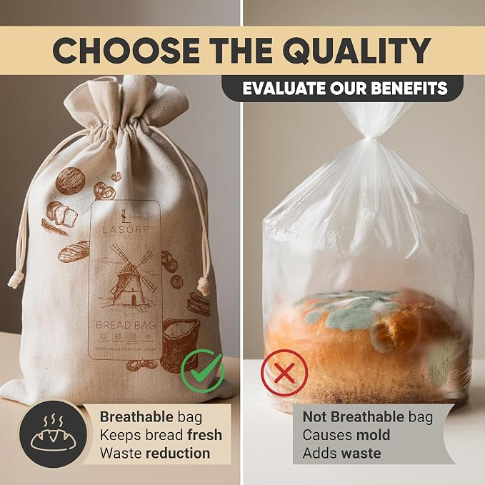 Reusable Linen Bread Bags, 2 Pack for Homemade & Sourdough | Cloth linen bread bags with BPA-free TPU liner and drawstring closure to keep homemade and sourdough loaves fresher