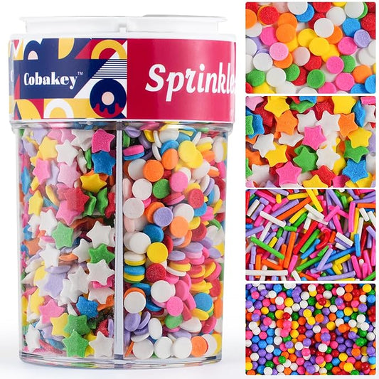 Rainbow Sprinkles 6.5 oz- 4 Types Jimmies Nonpareils Star & Round Confetti Mix for Cake Decorating, Cupcake Topper, Cookie & Ice Cream Baking Birthday Supplies - Colorful Sprinkle Set