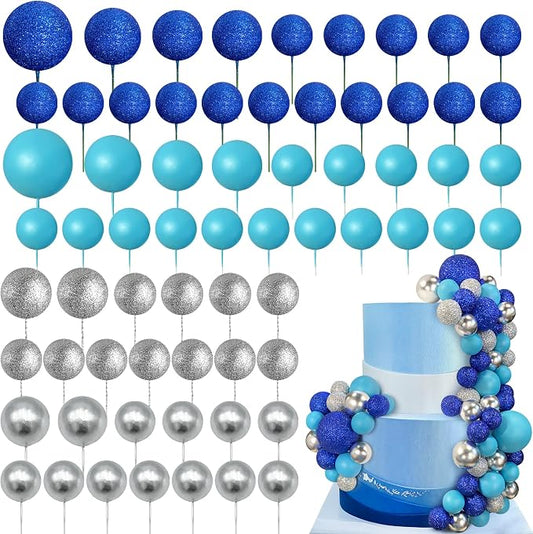 66 PCS Colorful Ball Cake Picks for Cake Decoration Blue Series with 4 Vibrant Colors Pearl Ball Shaped Cupcake Toppers for Birthday Party and Wedding Supplies