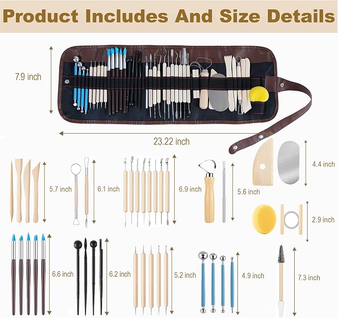 CeeVian 40PCS Clay Sculpting Tools Kit, Pottery Tools Set with Stainless Steel & Wooden Clay Carving Tools, Ball Stylus, Rubber Tip Shapers, Sponge & Storage Bag for Ceramic, Polymer Clay, Sculpting