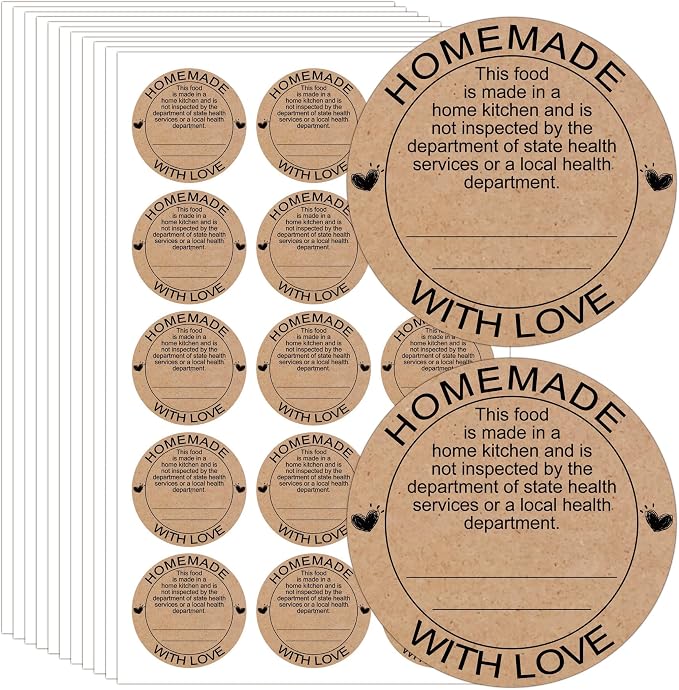 500 Pcs Cottage Food Law Homemade with Love Stickers 2 inch Home Kitchen Inspection Statement Labels Made in Home Kitchen Canning Jar Stickers of Personalized Baking (Kraft Paper)