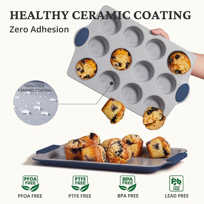 BRONYPRO Ceramic Muffin Pan, 12-Cup Nonstick Aluminized Steel Cupcake Pans, Healthy Non-Toxic Ceramic Coating Muffin tin, 2 Pack Cup Cake Pans for Baking Blue