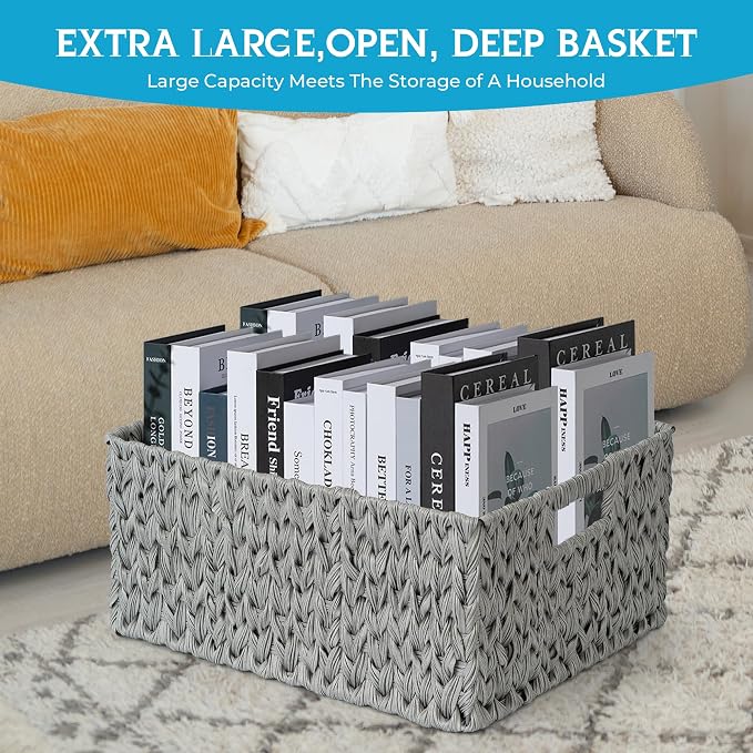JS HANGER Large Woven Rattan Storage Basket with Handle for Organizing Waterproof Plastic Wicker Basket for Bathroom, Living Room 16.53’’ x 12.8’’ x 7.5’’ Grey