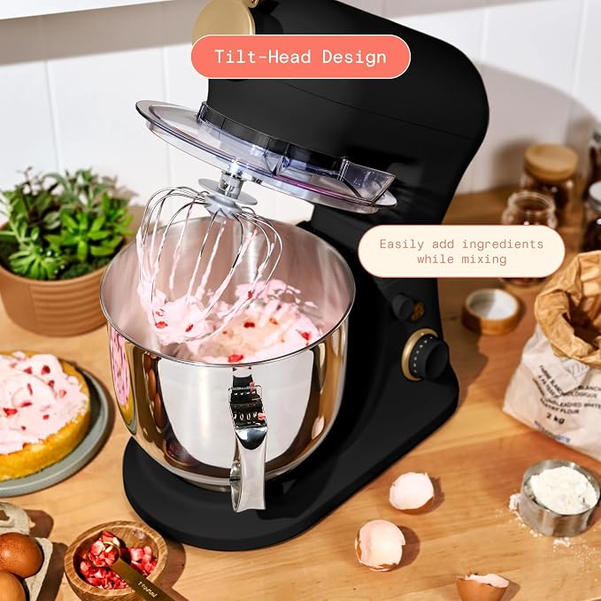 6 Quart Stand Mixer, 600W Tilt-Head Electric Kitchen Mixer with 12 Speeds, Stainless Steel Bowl, Dough Hook, Whisk & Beater, Multifunction Food Mixer (Black Sesame)
