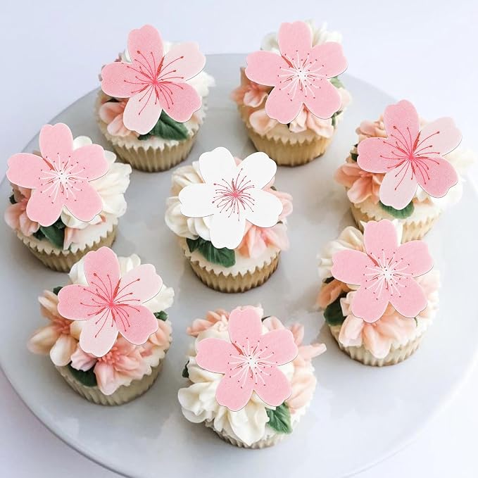60 PCS Edible Flowers Cake Decorations Pink Edible Cherry Blossoms Flowers Cupcake Toppers Wafer Paper Flowers Cupcake Picks for Baby Shower Kids Birthday Party Food Decorations Supplies