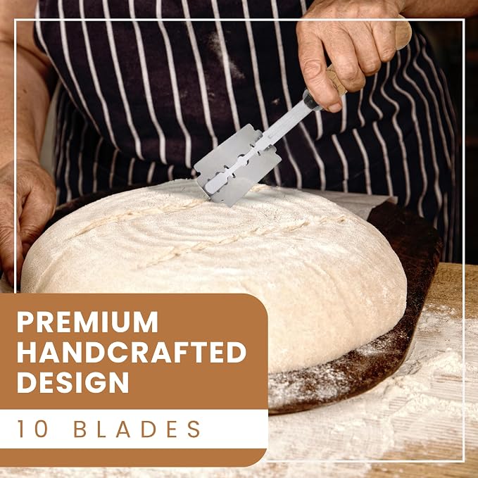 Gadgetime USA - Bread Lame with 10 Stainless Steel Blades - Sourdough Bread Scoring Tool - Artisan Cutter - Wooden Handle Baking Tools - With Leather Protector Cover