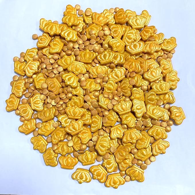 PhilaeEC King Gold Crown Sprinkles Mardi Gras Cake Decoration Gold Round Coffite Mix Candy Edible Cookie Cupcake Toppers Valentines Halloween Christmas Supplies