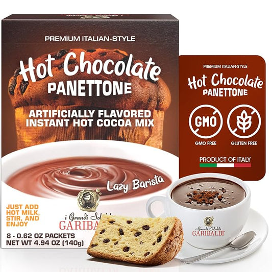 Cafe Garibaldi Premium Panettone Hot Chocolate - Instant Cocoa Mix with Cocoa Powder, Gluten-Free & GMO-Free, 8 Servings x 0.62oz Packets, Ideal Italian Hot Chocolate Gift