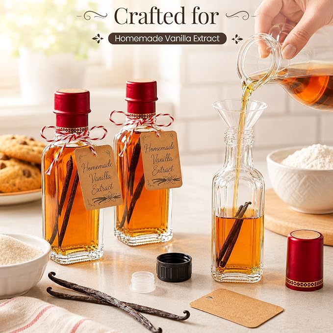 TBWIND 18 Pack 5oz Vanilla Extract Bottles with Airtight Leakproof Caps | Include Shrink Bands, Labels & Funnels; Designed for Vanilla Extract, Syrups, Tinctures, Limoncello, Oils & Gift Giving