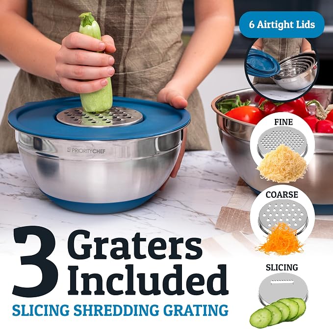 Priority Chef 6Pc Large Mixing Bowls With Lids Set with Non-Slip Bases, Stainless Steel Mixing Bowl Set, 6 Airtight Lids and 3 Graters, Blue | 6pc Non-slip nesting bowls 1-7 qt, 3 graters & interior measurement marks; for meal prep, baking & airtight f...