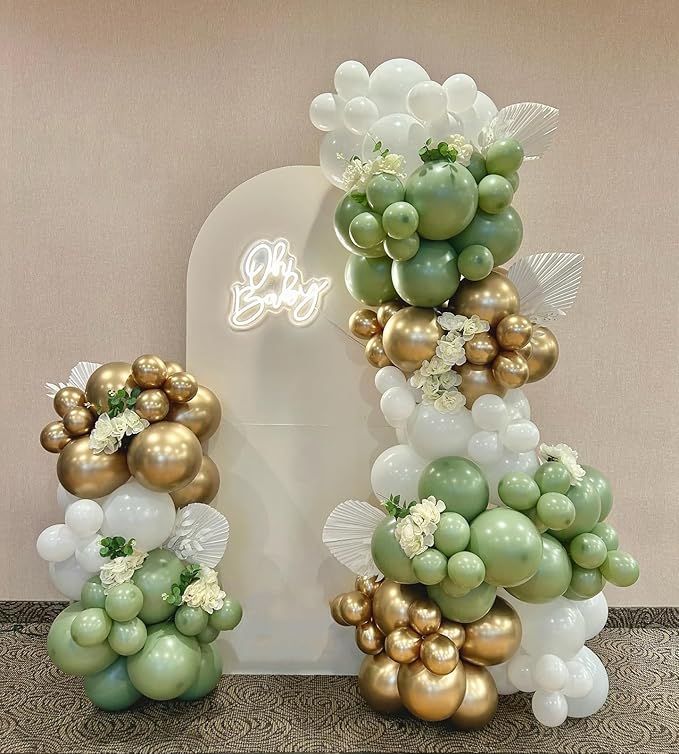 Sage Green White Gold Balloon Arch Kit, 156Pcs Latex Balloons Different Sizes 18 12 10 5 Inch Party Balloon Garland Kit for Baby Shower, Wedding, Engagements, Birthday, Anniversary Decorations