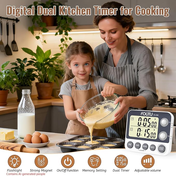 Digital Dual Kitchen Timer with Magnetic Back & Memory Presets, 2 Groups Countdown/Up Stopwatch Timer, 3-Level Volume + LED Alert, On/Off, 100Hr Max for Cooking, Baking (Battery Included)