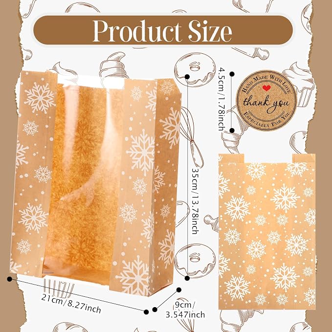 Feifeiya 100 Pack Kraft Paper Bread Bags for Homemade Sourdough Bread with Window & Stickers, 13.7x8.3 Large Bakery Bags for Loaves Greaseproof Food Packaging for Baking Gifts, Brown(Snowflake)