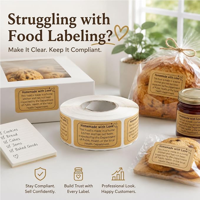 500PCS Cottage Food Law Labels Stickers, 2" x 1" Homemade Food Labels for Baked Goods, Cottage Law Labels for Home Bakery Supplies