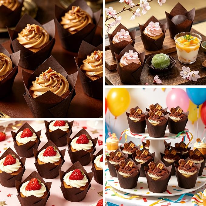 Ruisita 150 Pcs Mini Cupcake Liners Muffin Liners Baking Cups | Tulip Cupcake Liner for Baking Wedding, Birthday, Baby Shower Parties, Brown