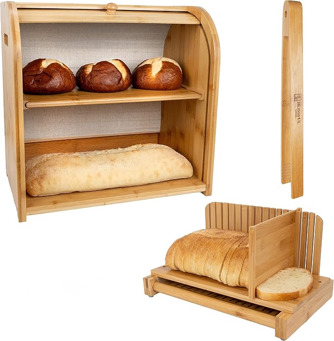 Bread Box & Bread Slicer, Bread Box for Kitchen Countertop. Roll Top, Bread Tong, 2 Layer Bread Box, Double Breadbox Bread Storage, Extra Large Bread Container