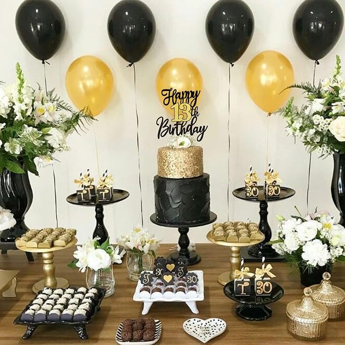 1 PCS Happy 13th Birthday Cake Topper Black Gold Glitter Cheers to 13 Years Birthday Cake Pick 13 Fabulous Cake Decoration for Happy 13th Birthday Anniversary Party Cake Decorations Supplies