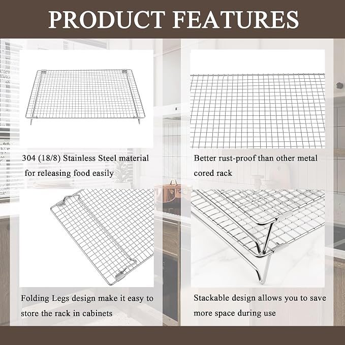 Set of 2 Cooling Racks with Folding Legs，for Cooking, Roasting, Drying, Rust-Resistant 304 (18/8) Stainless Steel Cooling Grilling for Baking, Heavy Duty Tight-Wire, 17 x 11.2 inches