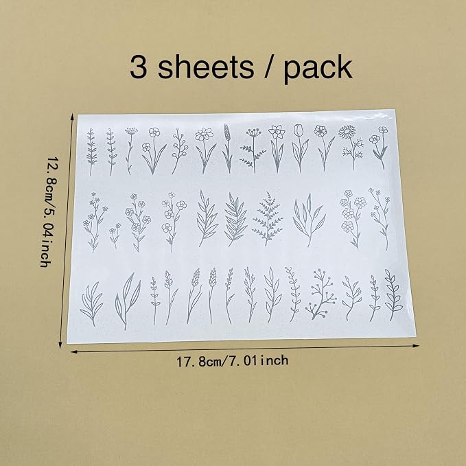 3pc Spring Florals Leaf Stick & Shine Foil Transfer Sticker Paper for Handmade Card Making Scrapbooking and Album Journal Invitation Letter Decoration Hot Foil Transfer Printing Adhesive Sheets