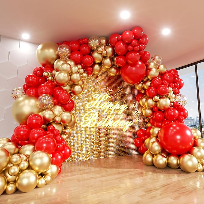 Red and Gold Balloon Arch Kit, ADOINBY 140Pcs Gold Balloon Red Balloon Confetti Balloon 18 12 10 5 Inch Different Size Balloons for Valentine's Day Wedding Birthday Engagements Anniversary Decoration