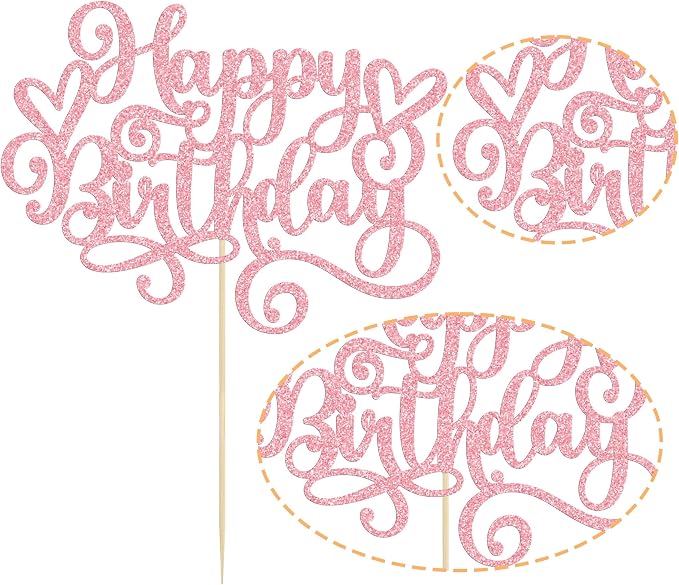 Gyufise 1Pcs Happy Birthday Cake Topper Glitter Cake Pick for Celebrating Anniversary Party Cake Decorations Supplies Pink